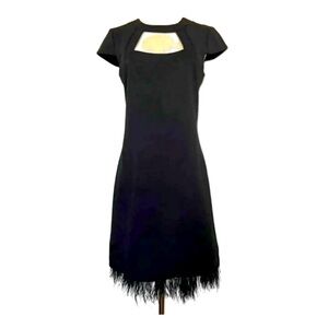 TRINA TURK Black Cut Out Stretch wool Feather Trimmed Sheath Dress Sz 6 
LBD